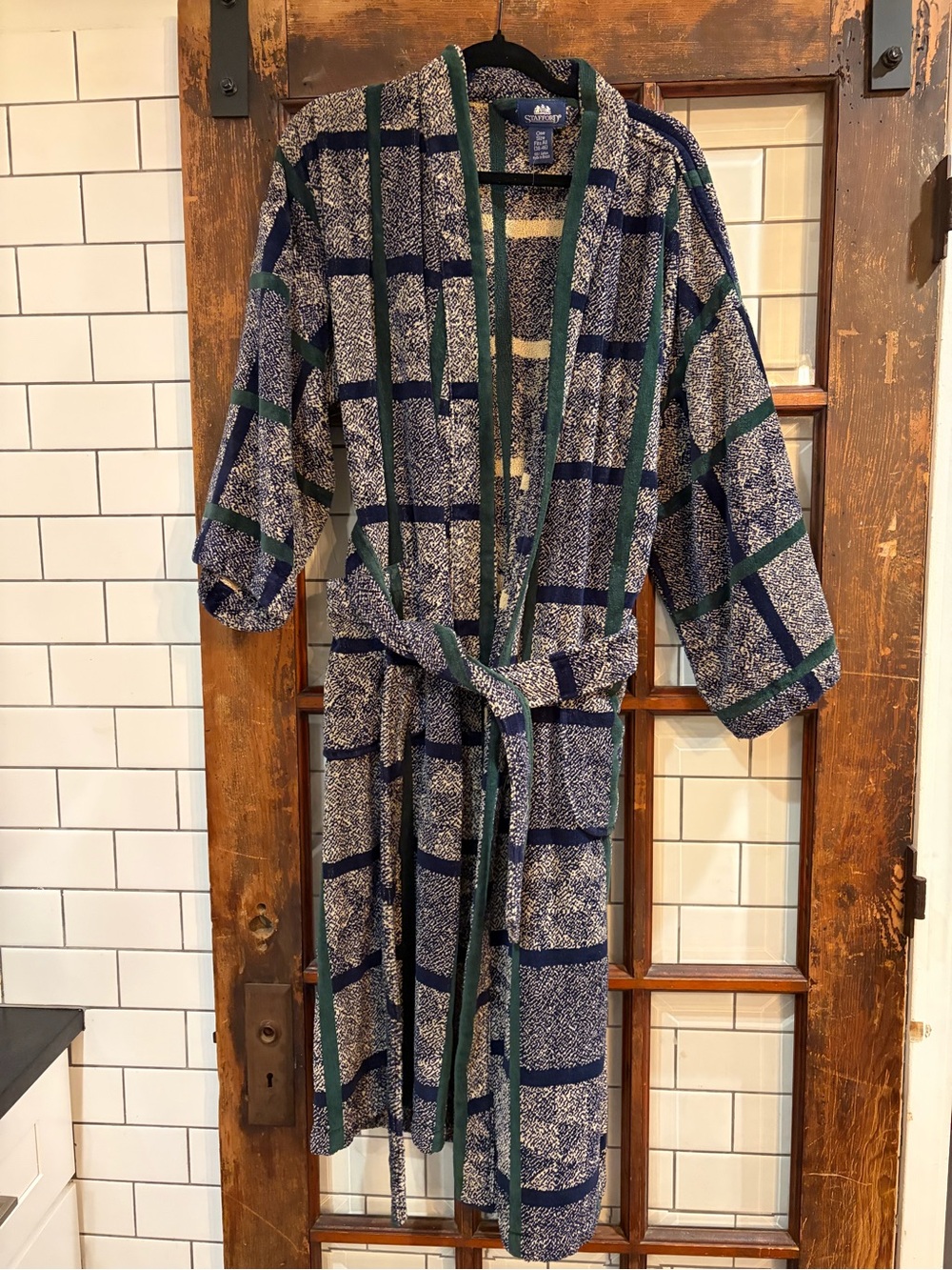 Vintage Stafford Navy and Green Plaid Robe-Style Jacket
